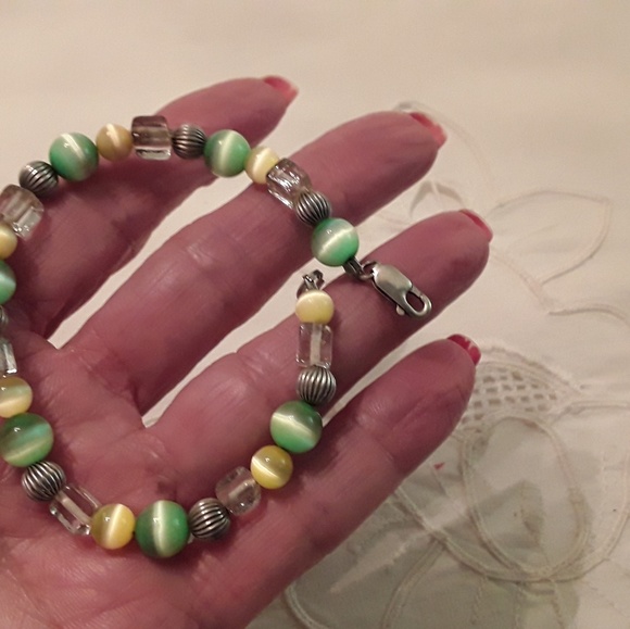 925 VTG. STERLING CAT EYE CORRUGATED BEAD BRACELET - Picture 6 of 8